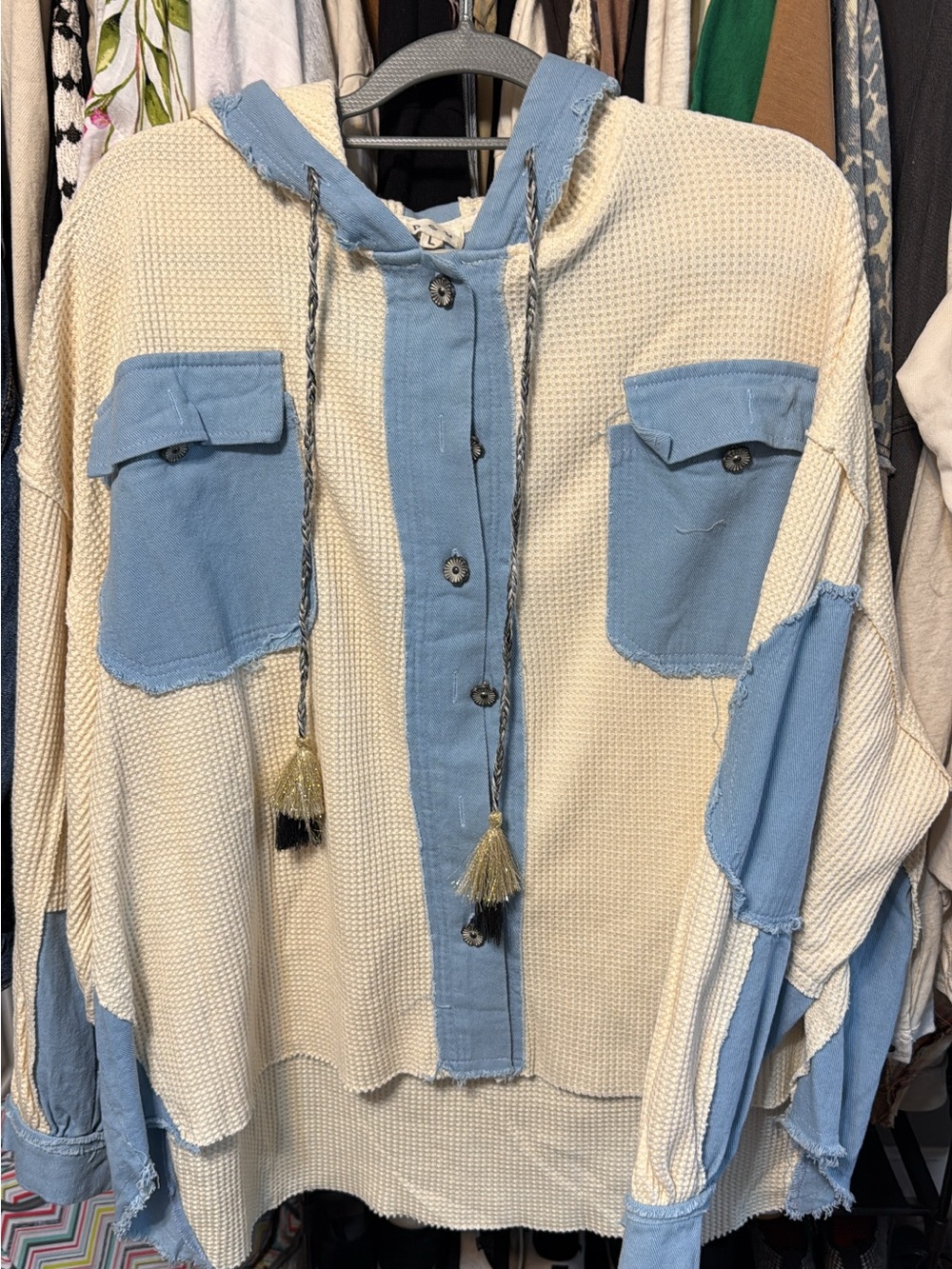POL Cream and Light Blue Utility Jacket with Hood